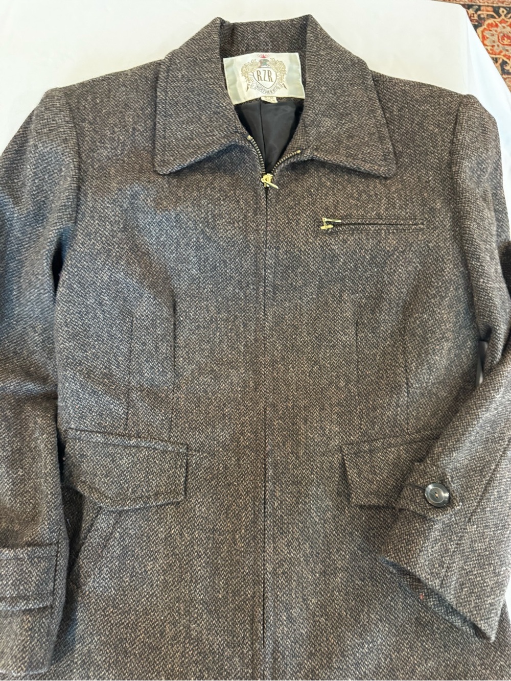 Vtg RZR Weatherwise Brown Wool Tweed Zip Jacket 9/10 Herringbone Academia